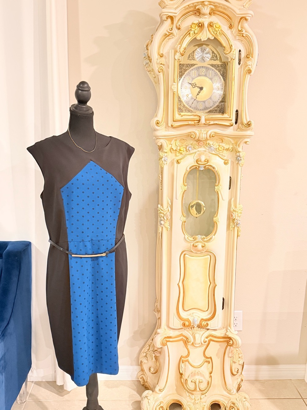Sleeveless Black Dress with Blue Polka-Dot Panel
